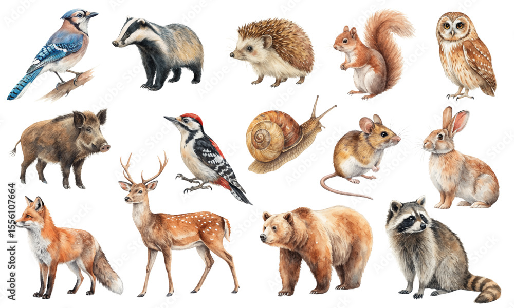 Fototapeta premium Watercolor Forest Animals Clipart Set with Woodland Creatures and Birds