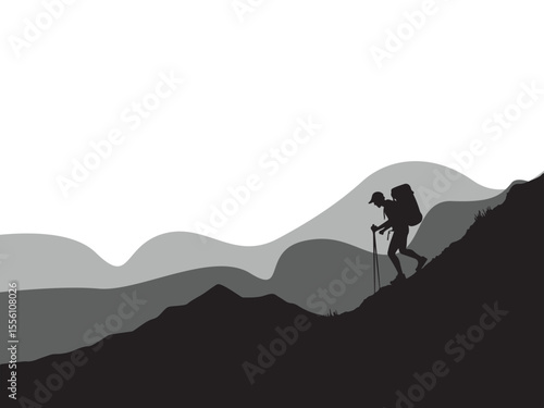 Silhouette of a hiker climbing a mountain with a backpack and trekking poles