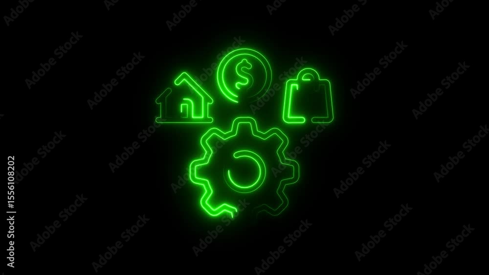 Neon Green Icons Representing Business Finance and Real Estate Settings Gear Wheel Symbolizes Neon Green Icons Representing Business Finance and Real Estate Settings Gear Wheel Symbolizes