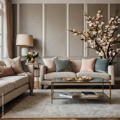 Sofa and Coffee Table with Magnolia Flowers in Cozy Living Room Interior

