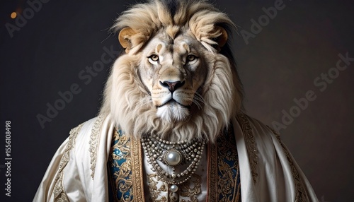 Regal lion dressed in costume of cotton vest with silver necklace in neoclassical style