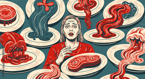 Woman with emetophobia surrounded by melting food plates. Illustration depicting fear of vomiting, anxiety, and disgust related to food. This emetophobia illustration is perfect for articles,