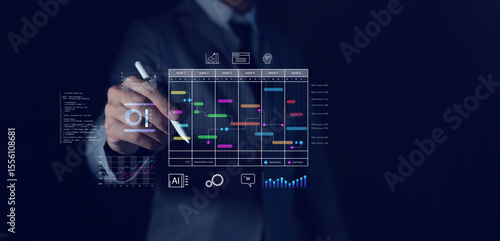 Project management and scheduling with AI technology. Plant managers use planning software to create Gantt charts to update progress and action plan tasks.