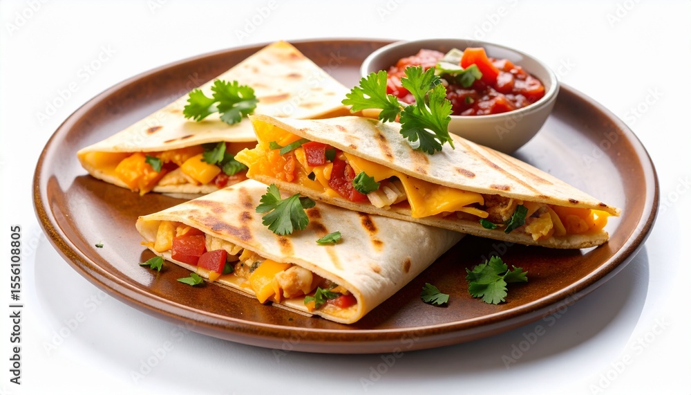 Authentic chicken quesadilla wrap with oozing cheese, spicy salsa, and cilantro garnish, served on a rustic clay plate against a warm fiesta-themed scene on white background Authentic chicken quesadilla wrap with oozing cheese, spicy salsa, and cilantro garnish, served on a rustic clay plate against a warm fiesta-themed scene on white background