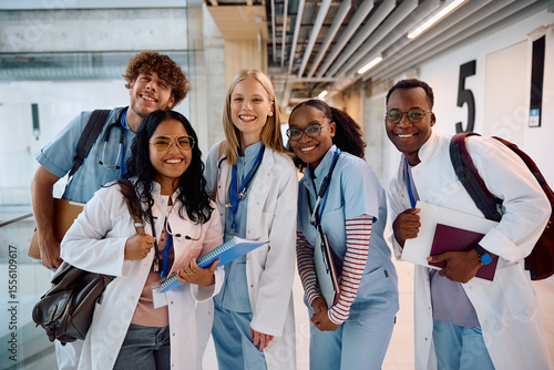 Fotografie Multiracial group of happy medical students at university looking at camera