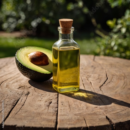 Natural Avocado Oil in Glass Bottle on Wooden Table Outside

