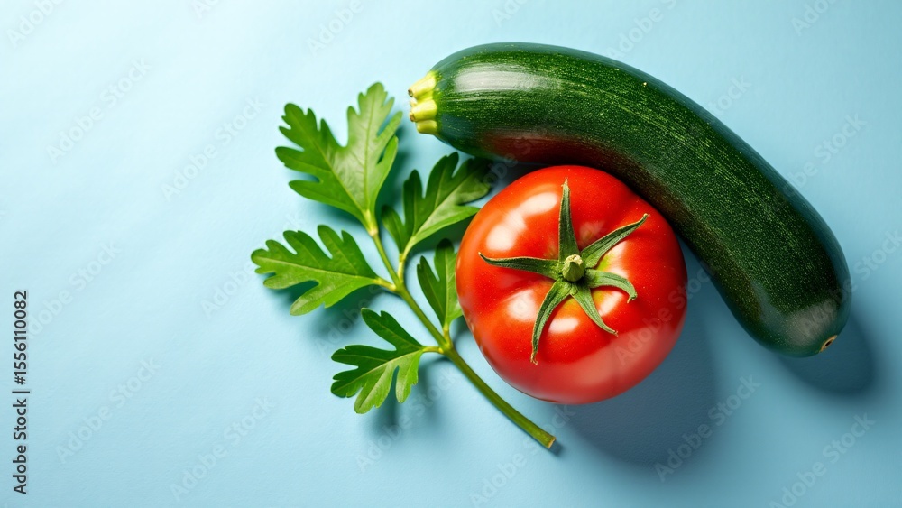 Fresh Tomato, Zucchini, and Parsley on Blue Fresh Tomato, Zucchini, and Parsley on Blue