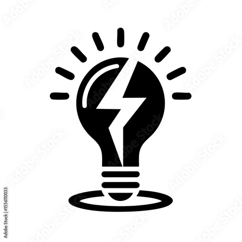 Lightbulb icon with a lightning bolt in a line art style in black and white represents a eureka moment