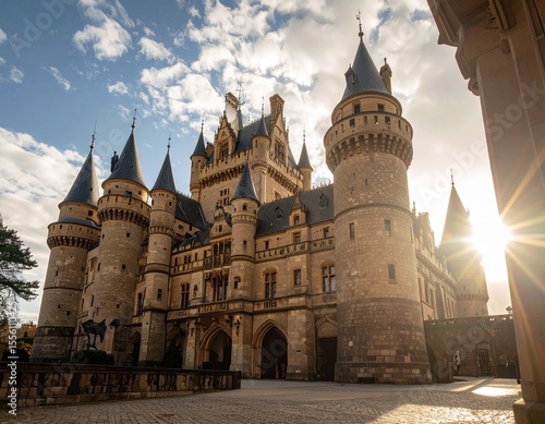 Grand castle captured from worm's eye view against a dramatic sky in urban landscape