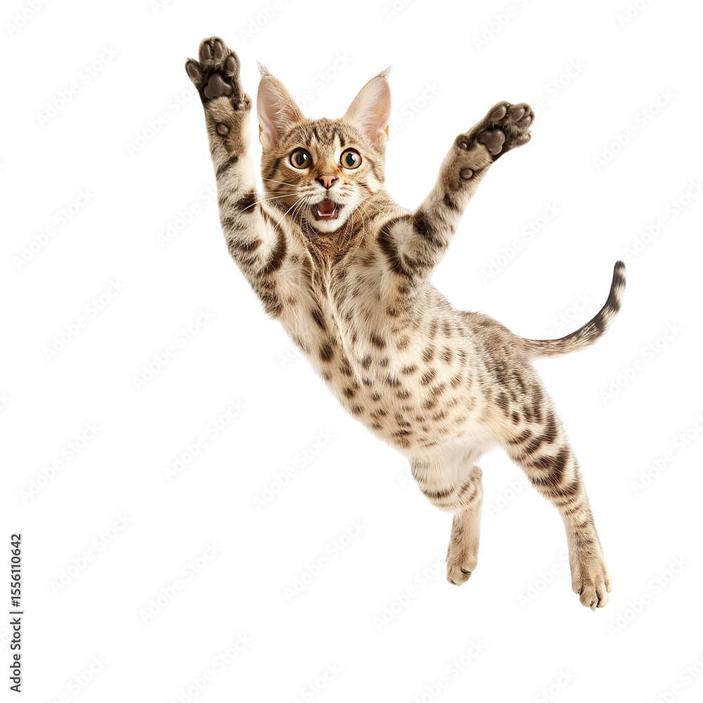 Naklejka premium Shocked Spotted Cat with Open Mouth mid air