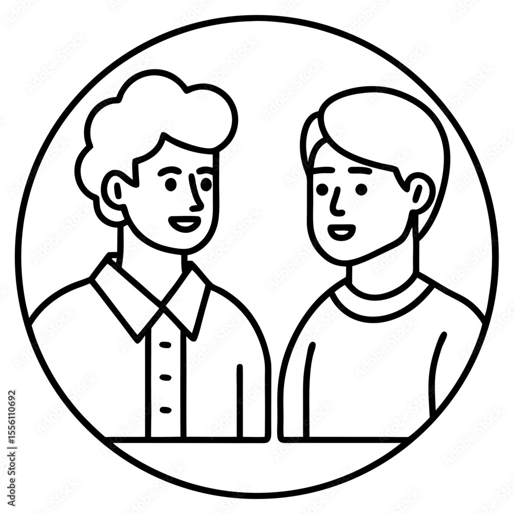 Black and white line art icon of two men talking inside a circle conversation communication Black and white line art icon of two men talking inside a circle conversation communication