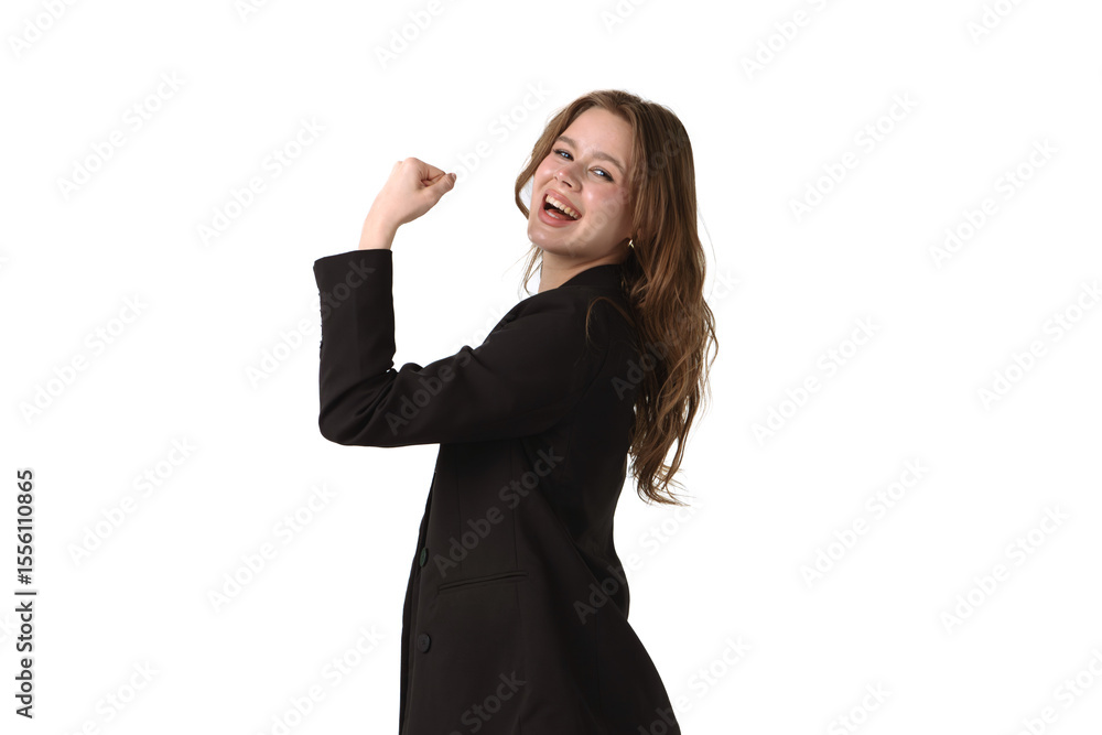Young woman happily celebrating success in a business suit isolated on white background Young woman happily celebrating success in a business suit isolated on white background