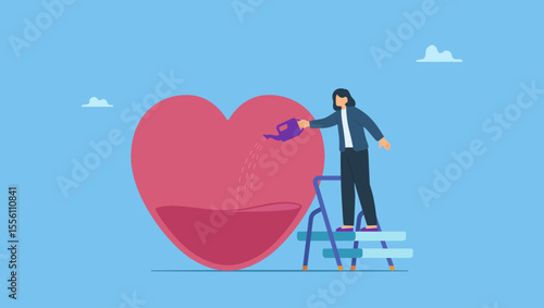 Businesswoman pouring water to fulfill heart shape metaphor of passion. Symbolizes work passion, motivation to success and win business competition, mindset or attitude to work in we love to do.