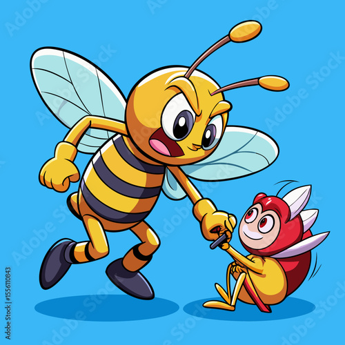 Cartoon bee character confronting a smaller bee creature with red helmet and wings insect