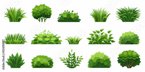 Collection of 30 illustrated green plants and bushes on a white background shrub grass