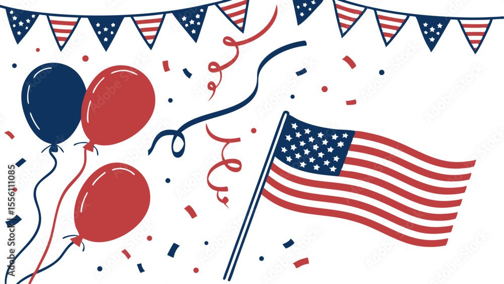 Fototapeta premium American Flag Balloons Confetti and Bunting on White Background United States flag patriotism