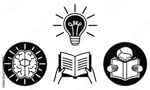 A collection of three simple black and white icons representing knowledge learning and ideas the icons include a brain with radiating lines an open book held by hands and a person reading a book