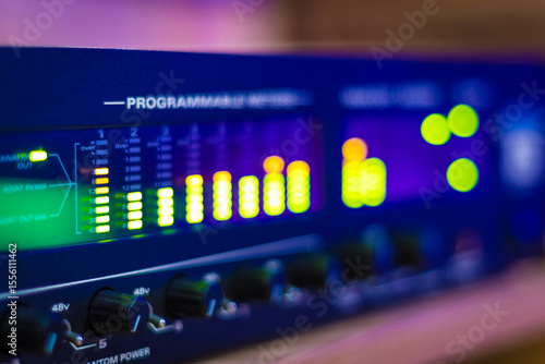 LED VU meter, audio meterbridge. music production, recording concept