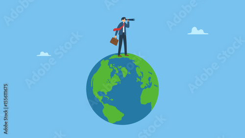 Vector illustration of businessman standing on globe earth using telescope to see vision or future opportunity. Symbol of globalization, global business vision, world economics or business opportunity