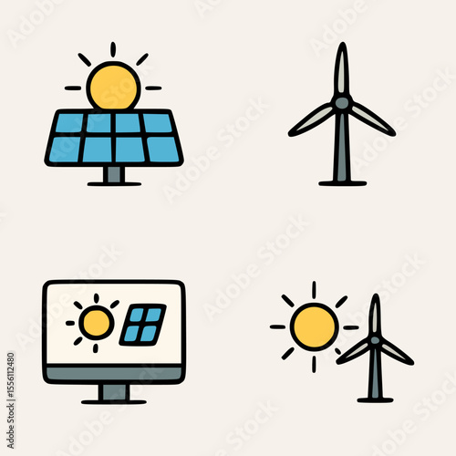 Clean energy concept featuring sunlight, windmill, photovoltaic panel, and digital energy monitoring