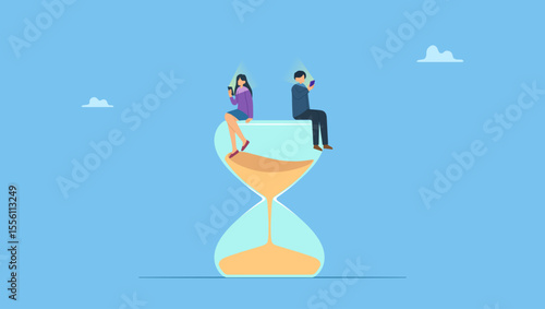Man and woman sitting on sandglass using smartphone with bright light on his face. Symbolizes screen time, doom scrolling or wasted time using smartphone, staying late night with mobile addiction.