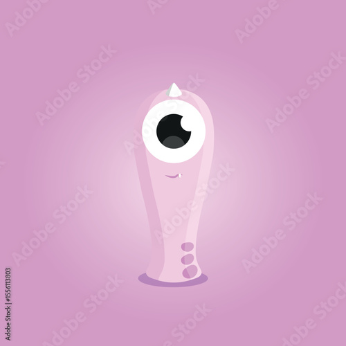 Cute pink cartoon monster showing shyness and big eye