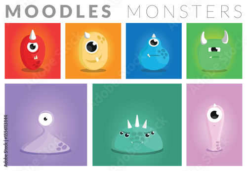 Set of seven colorful cartoon monsters representing different emotions