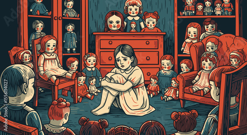 Girl with pediophobia surrounded by antique dolls illustration. Young woman sitting in room full of dolls staring at her. This illustration depicts fear of dolls and anxiety.