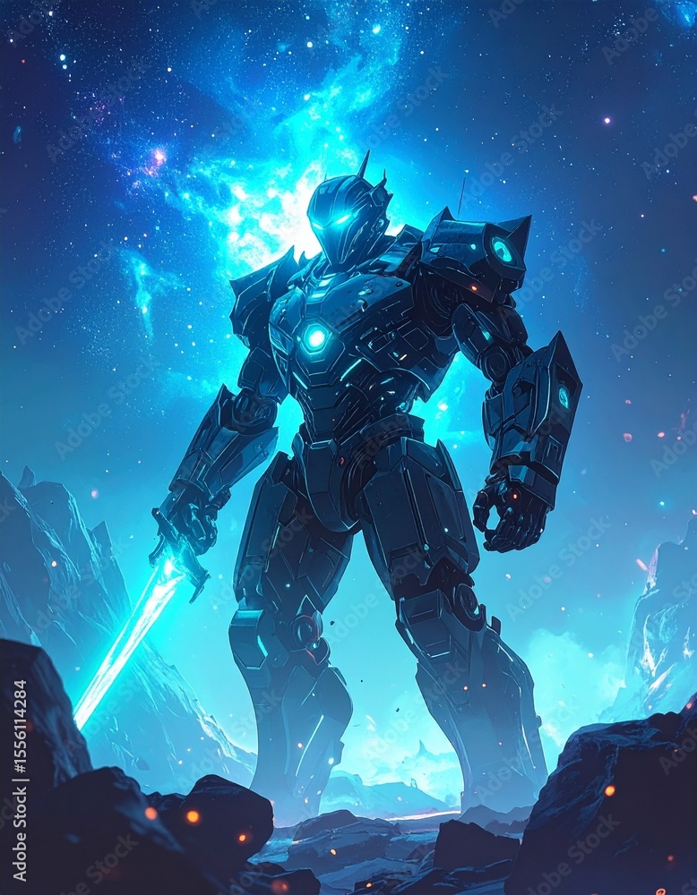 Fototapeta premium Epic mech warrior robot standing in front of a galaxy with bright turquoise glow textures