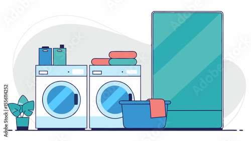 Laundry room setup with washing machines and supplies, vector illustration, home maintenance and domestic life theme
