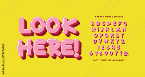 Look Here: Stylish typography composite alphabet. Easy use design font. Vector display letters suitable for poster headlines, magazines, food shops, snacks, appealing to children and teenagers.