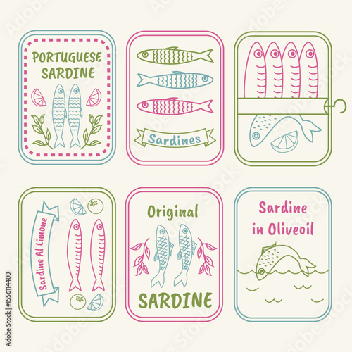 Hand drawn sardine tin illustrations. Vintage doodle style canned fish labels. Portuguese sardines, lemon olive oil seafood, retro fish packaging icons. Coastal Mediterranean product sketch art.