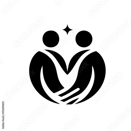 Stylized embracing figures in black and white representing unity and love