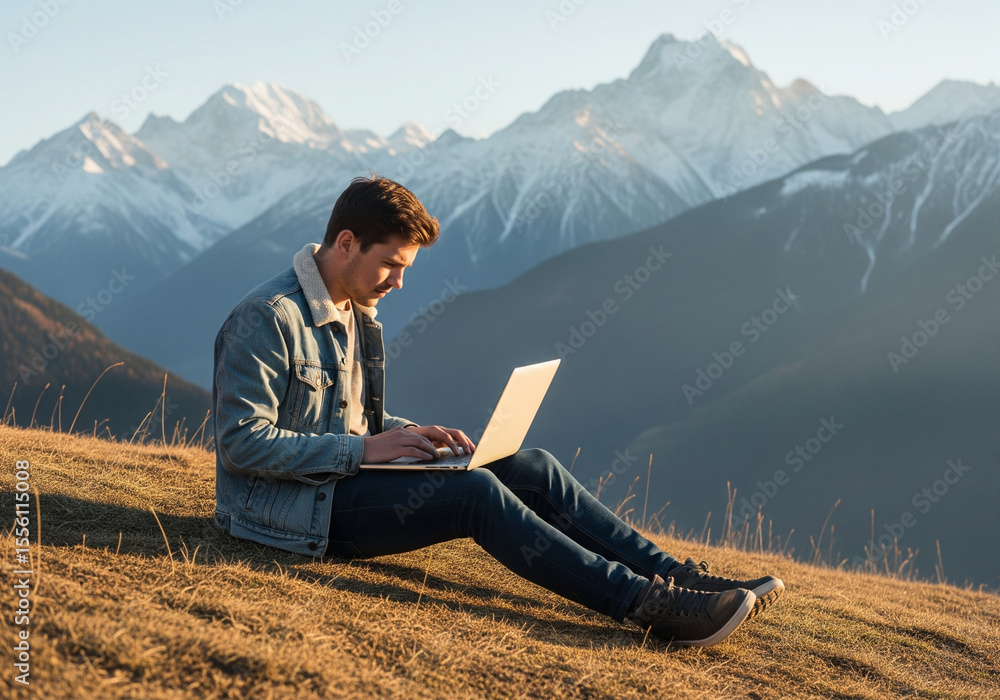 Fototapeta premium Remote Work in the Mountains Man Using Laptop with Stunning Mountain View