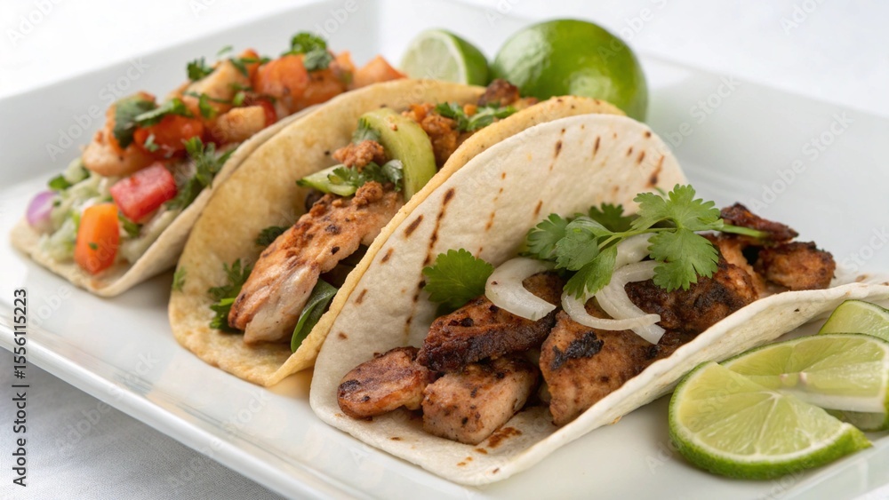 Photo of a delicious variety of three tacos with chicken and fresh ingredients served with lime Photo of a delicious variety of three tacos with chicken and fresh ingredients served with lime