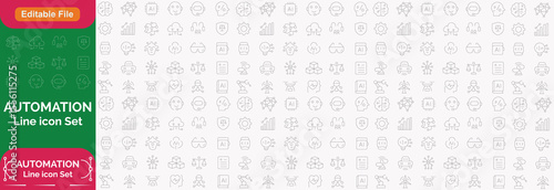 Automation line icon set with editable stroke, featuring intelligent process, finance automation, user interface, business model, digital optimisation, algorithm, BPM. illustration.