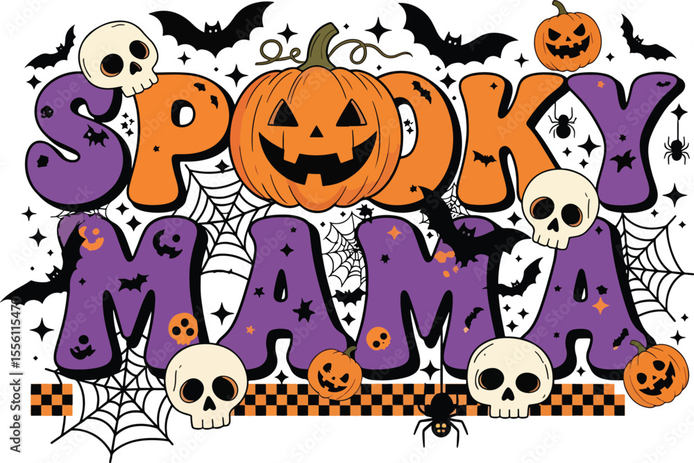 Obraz premium Spooky Mama Retro Halloween Illustration. Groovy Lettering with Pumpkins, Skulls, and Bats for Sublimation T-Shirt Design.