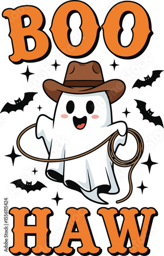 Boo Haw funny western Halloween design with a cute ghost in a cowboy hat holding a lasso.