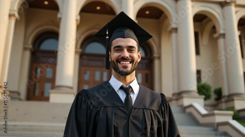 Happy graduate man in academic gown and cap poses on university building steps. Graduation ceremony celebration.