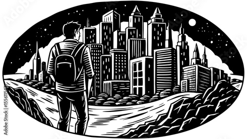 Man looking at city skyline at night, contemplating future, vector art, minimalist style
