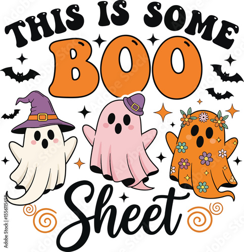 Cute Halloween Ghosts with Funny "Boo Sheet" Quote. Retro Groovy Cartoon Vector Illustration.