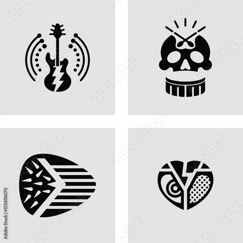 Rock Music Band Logo Designs Guitar, Skull, Pick, and Broken Heart Illustrations