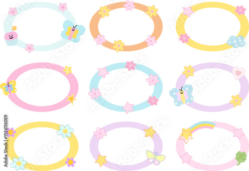 Cute vector illustration of pastel butterfly and flowers with blank space for name tag, text bubble, sticker, print, memo note, sticky note, notepads, paper design, spring, summer, back to school