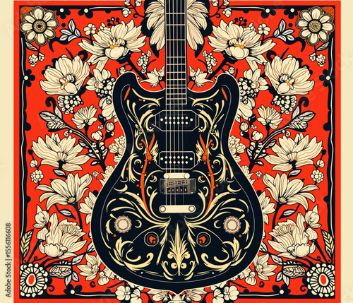 Artistic illustration of a decorative guitar surrounded by floral patterns
