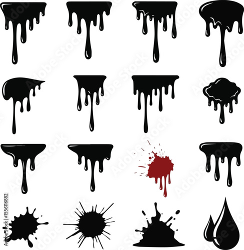 Create a kinds of deferent Dripping oil stain. Liquid ink, paint drip and drop of drippings stains watercolor splash, blood or sauce spray. Black drips resin inked drops isolated vector .