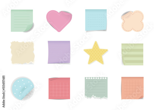 Post it notes icons vector set. Cute colourful sticky notes , heart and star shapes, pastel memo pads, ideal for digital planning, scrapbooking, journaling, and school-themed design.