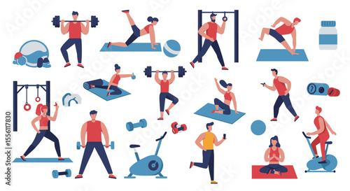 Fitness activities vector illustration: gym and exercise concepts in flat design