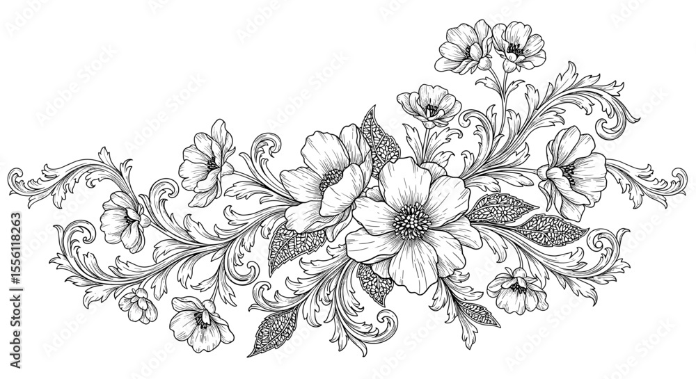Fototapeta premium Elegant floral composition vector illustration for print design in detailed line art style