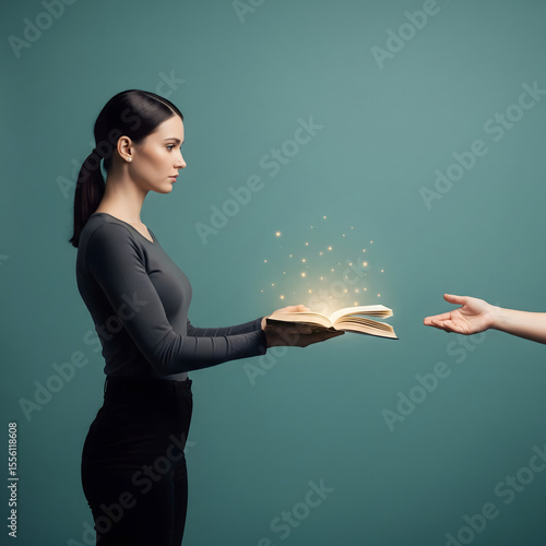 Concept of help, support and giving. A woman's hand gently giving or offering something to another person.

