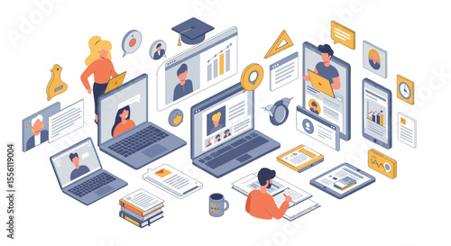 Online education concept in isometric style vector illustration for e-learning environments